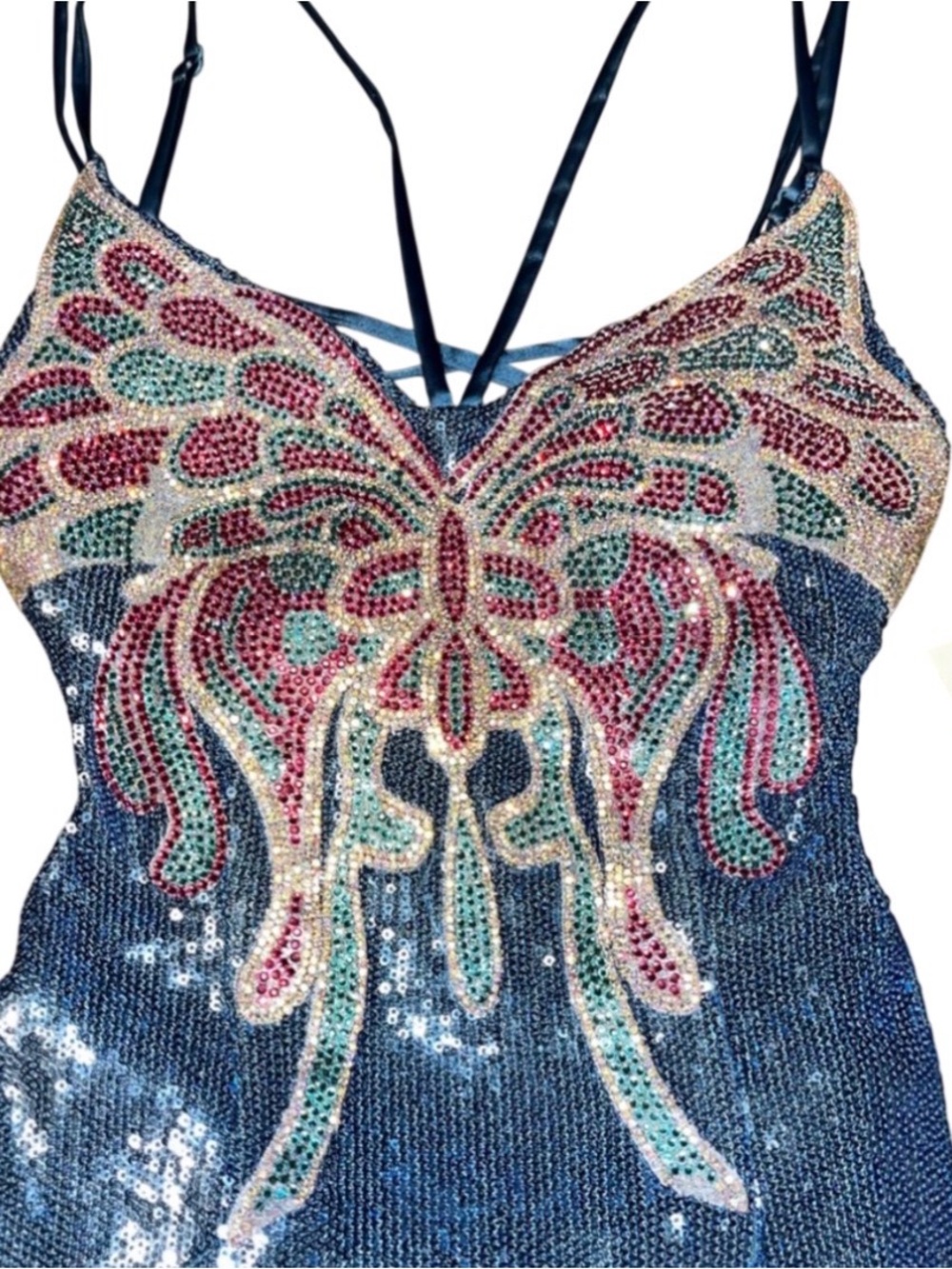 Dear Moon Blue Sequined Pink Butterfly Lace Hoco Prom Formal Dress 5